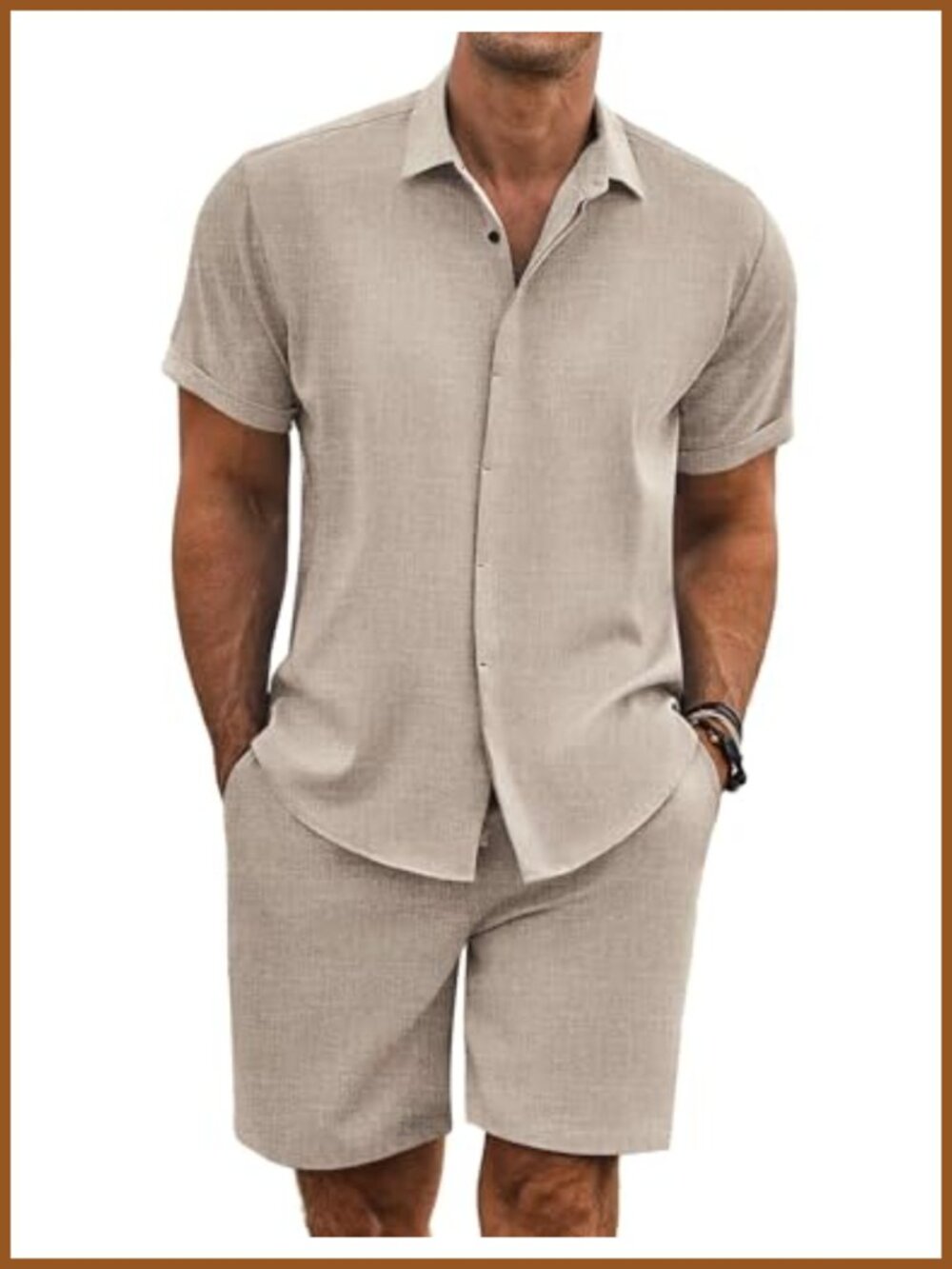 Men's 2 Piece Linen Texture Shirt and Shorts Set Summer Beach Vacation Outfit